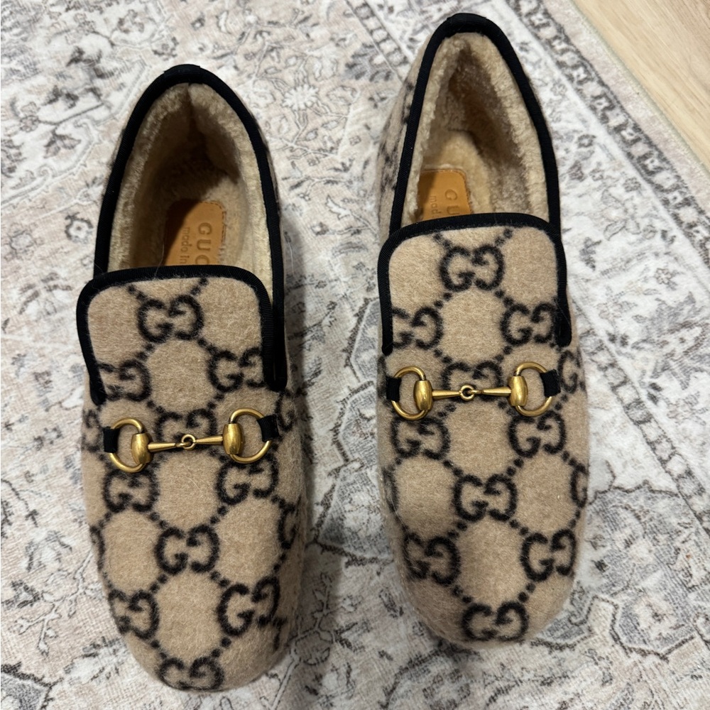 Gucci Beige & Black GG Wool Horsebit Slippers